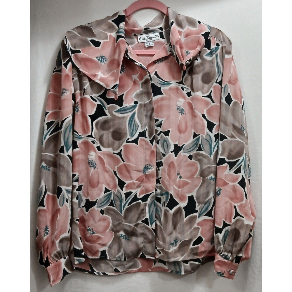 VTG Eva Laurel New York Womens L/S Peach Brown Floral Button Up Blouse 8 Note